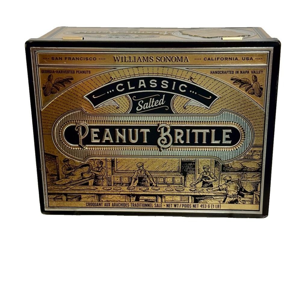 Williams Sonoma Peanut Brittle Embossed Keepsake Tin Empty 2019 Black Gold
